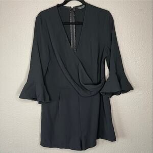 Topshop Black Shorts Romper Wrap Front Womens Long Bell Sleeves Zip Back 12